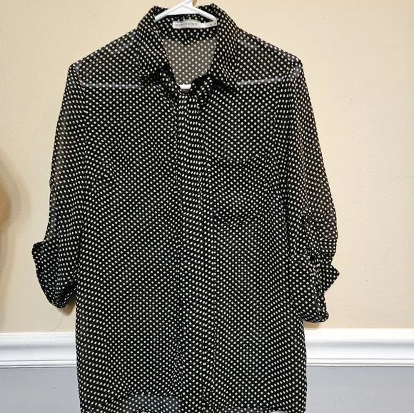 Polka dot black sheer blouse with tie size M - Picture 2 of 4